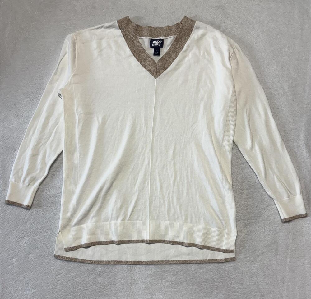 Lands' End Sweater Womens Medium 10-12 White V-Neck Pullover 100% Cotton